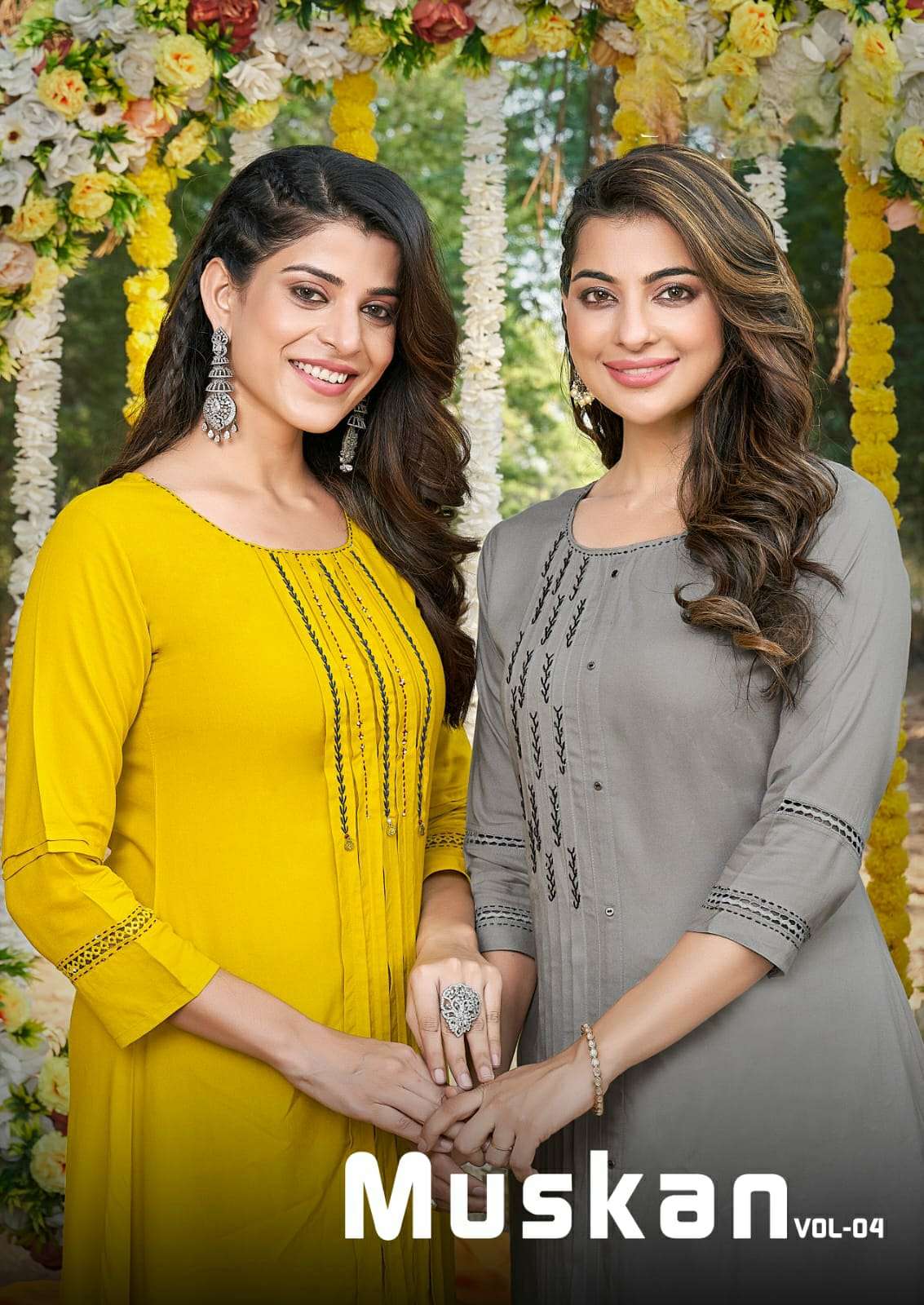 MUSKAN VOL 4 PREMIUM RAYON LIVA TAG A LINE HAND WORK  KURTI WITH  STITCH PLATTING STYLE BY S3FOREVER BRAND POSTER